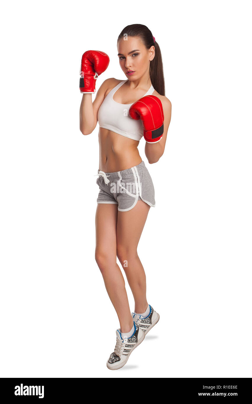 Frau mit Boxhandschuhen Stockfoto