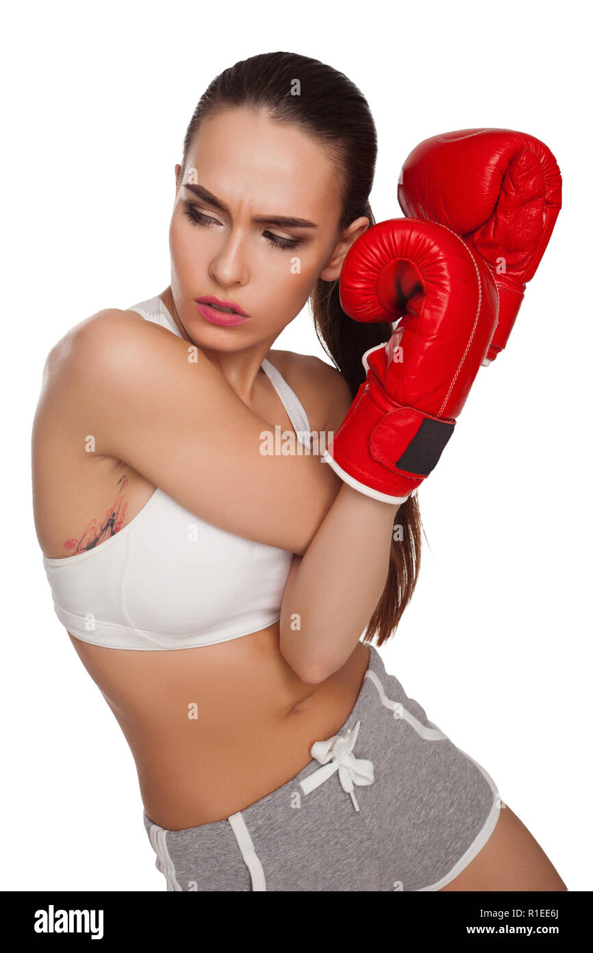 Frau mit Boxhandschuhen Stockfoto