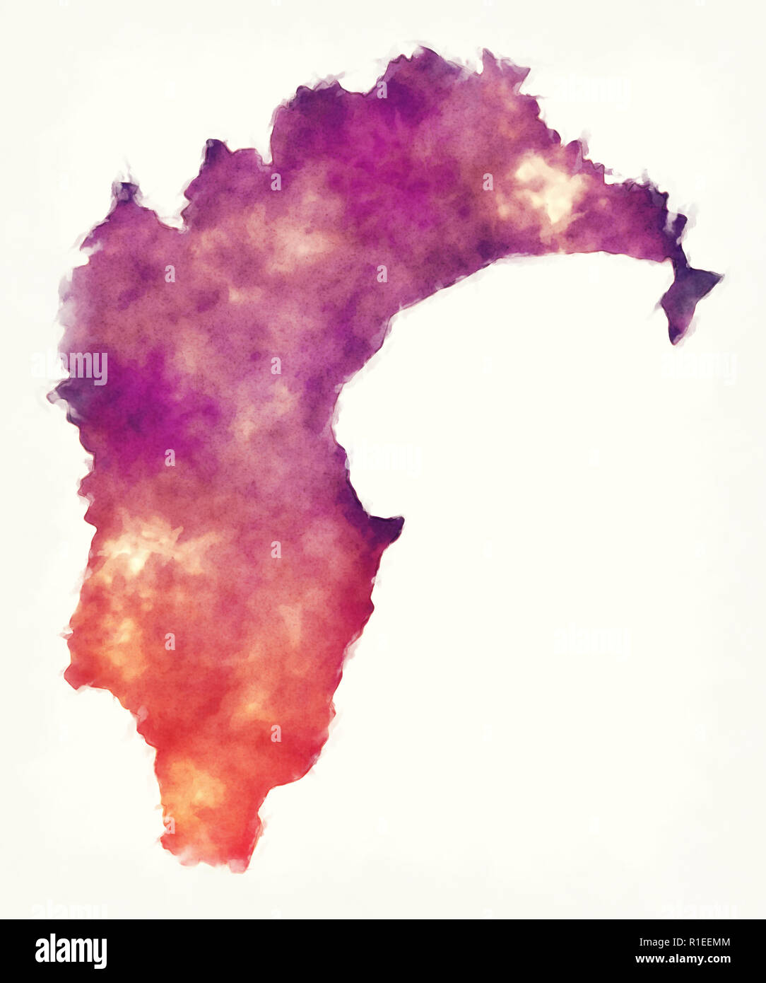 Hawkes Bay region Aquarell Karte von Neuseeland vor einem weißen Hintergrund Stockfoto