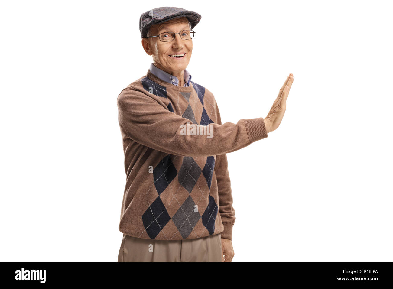 Senior einen Verweigern Geste auf weißem Hintergrund Stockfoto