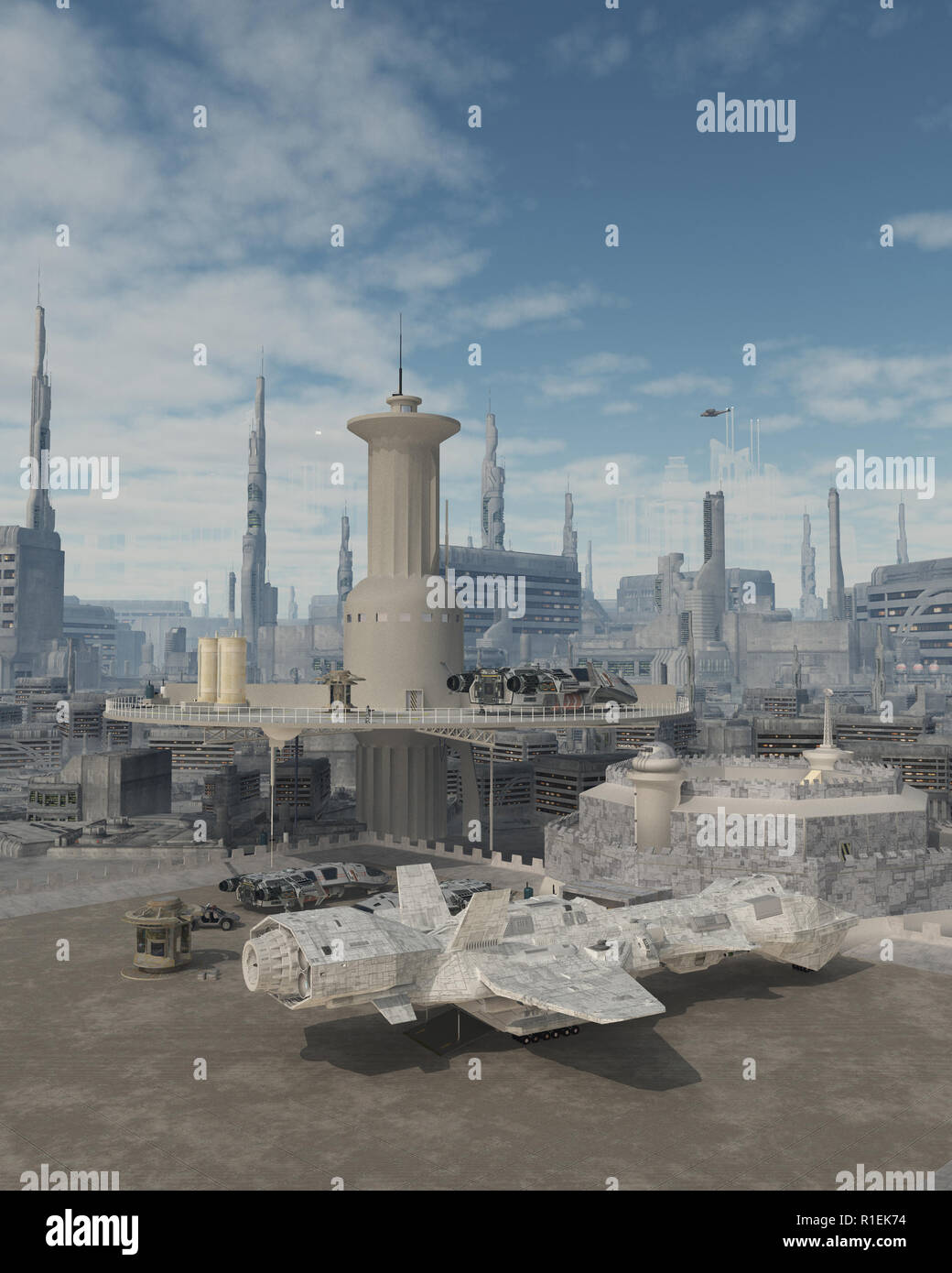 Raumschiff auf einer künftigen Stadt Spaceport Stockfoto