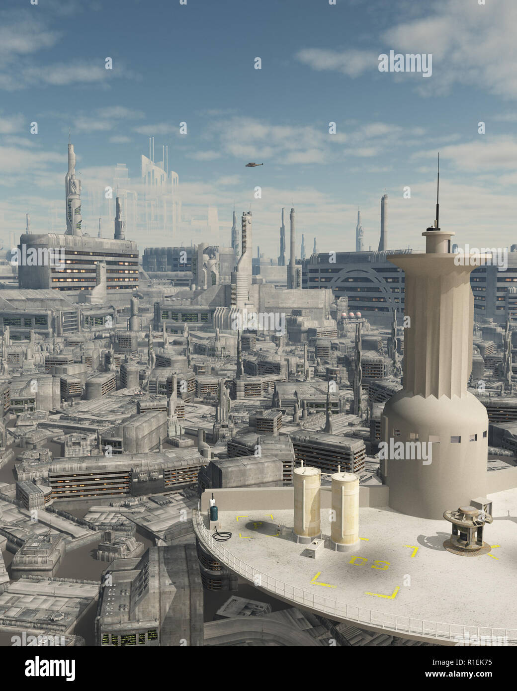 Control Tower auf einer künftigen Stadt Spaceport Stockfoto