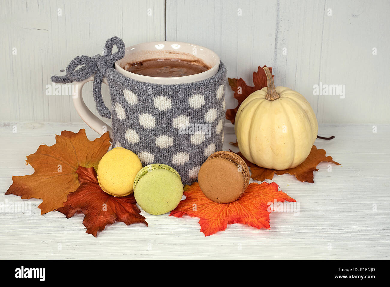Heißer Kakao trinken in Becher mit grauen Polka Dot Pullover und Makronen auf Herbst Blätter und weiß getünchte Holz Stockfoto