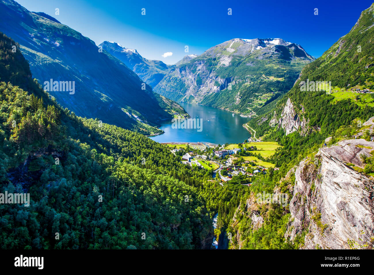 Blick auf den Geirangerfjord in Norwegen, Europa. Stockfoto