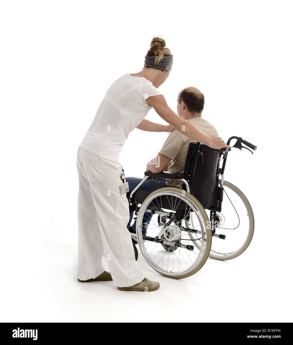 Krankenschwester Krankenpflege Zeug kümmern Grafikbefehle Patienten im Rollstuhl Stockfoto