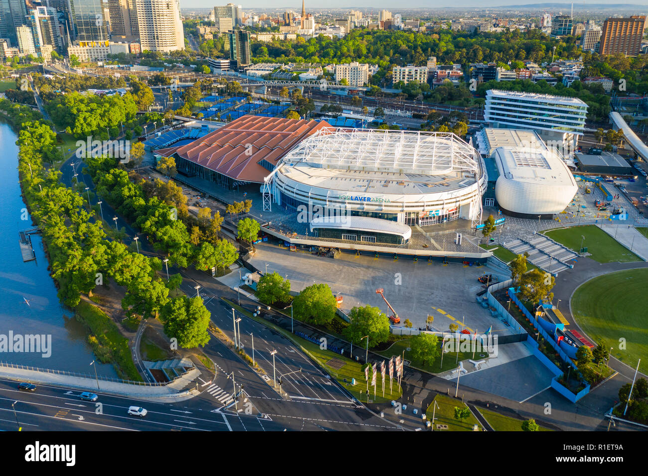 Luftaufnahme von Melbourne Park, der Heimat des Australian Open Tennis Turnier Stockfoto