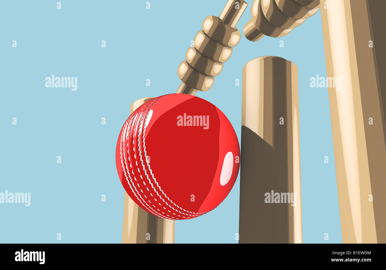 Ein rotes Leder Cricket ball Holz- cricket Wickets auf blauem Himmel Hintergrund - 3D-Rendering Stockfoto