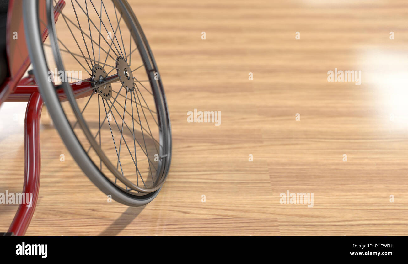 Ein leerer Rollstuhl geändert von behinderten Athleten in verschiedenen sporting Codes auf einer polierten Holzfußboden Hintergrund - 3D-Render zu konkurrieren Stockfoto