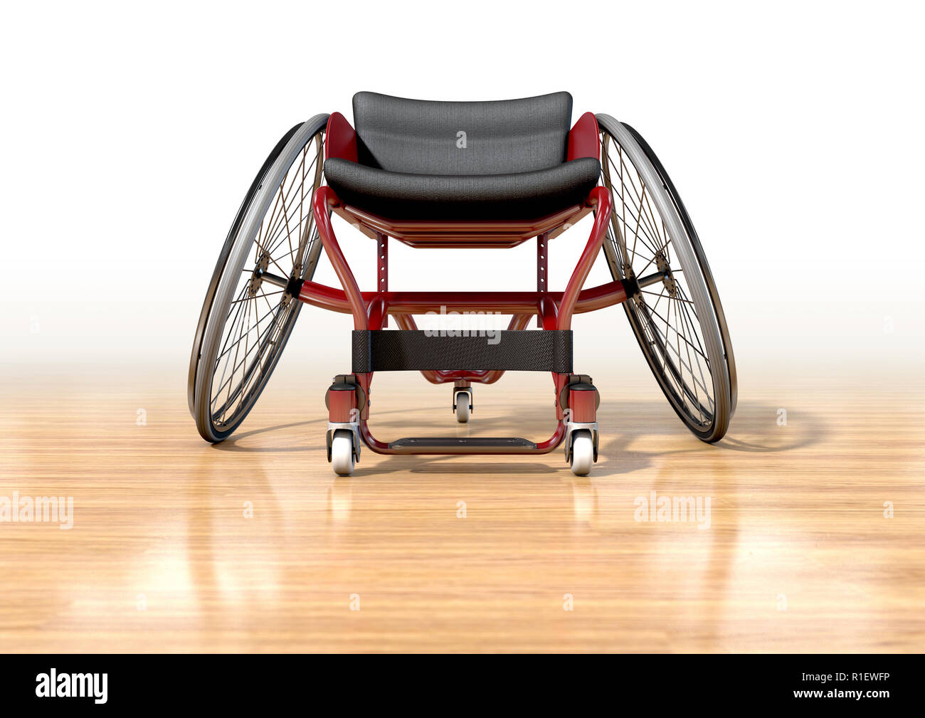 Ein leerer Rollstuhl geändert von behinderten Athleten in verschiedenen sporting Codes auf einer polierten Holzfußboden Hintergrund - 3D-Render zu konkurrieren Stockfoto
