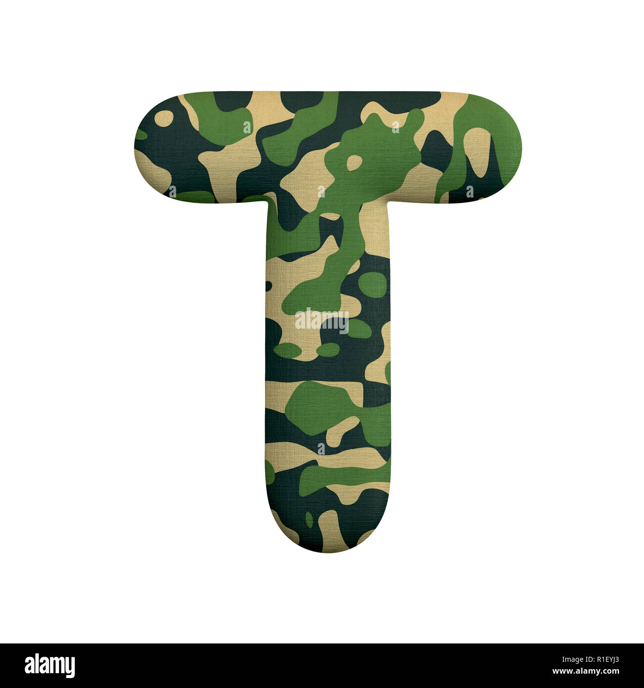 Armee schreiben T-Hauptstadt 3d Camo Schrift auf weißem Hintergrund. Dieses Alphabet ist perfekt für kreative Illustrationen verwandten, aber nicht zur Armee beschränkt Stockfoto