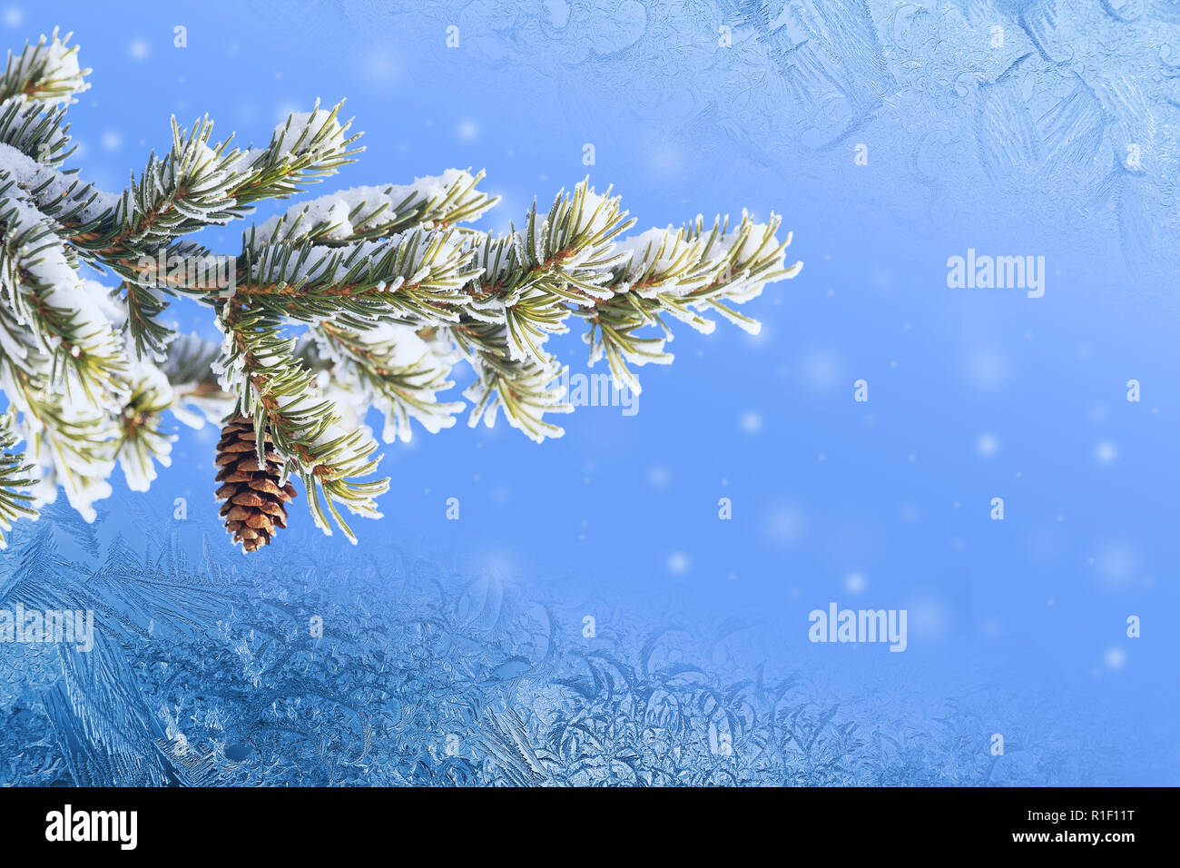 Weihnachten Karte Vorlage in Blau mit Raureif Stockfoto