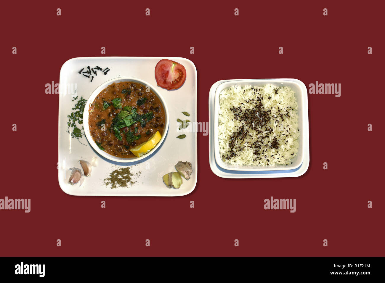 Lecker, Lecker, Yummy, indische Küche Lecker, Mouth-Watering, Yummy, Würzig, südindischer Black Channa Curry mit Jeera Rice Stockfoto