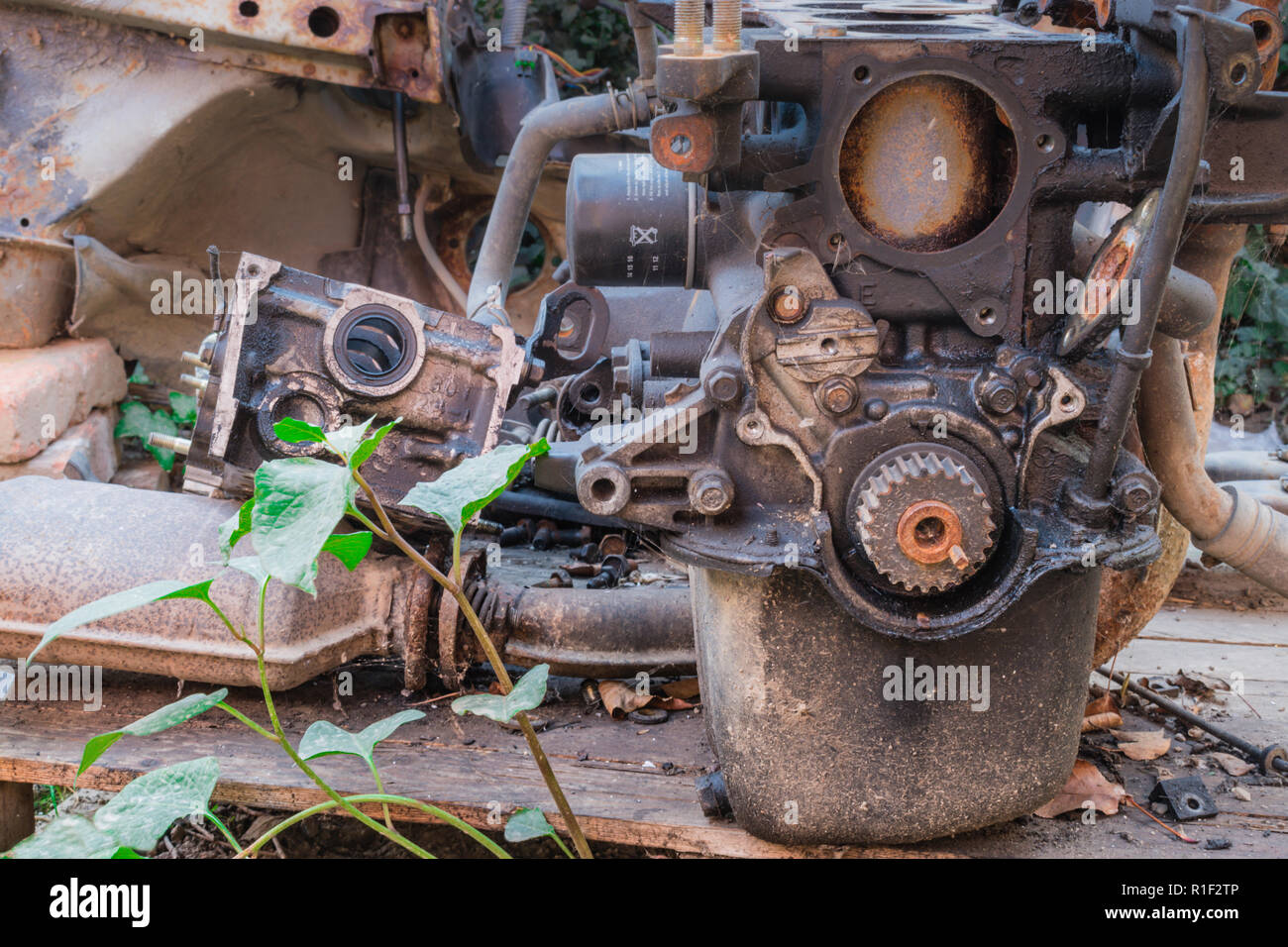 Alten rostigen Motor und Auto Teile mit einer grünen Anlage Stockfoto