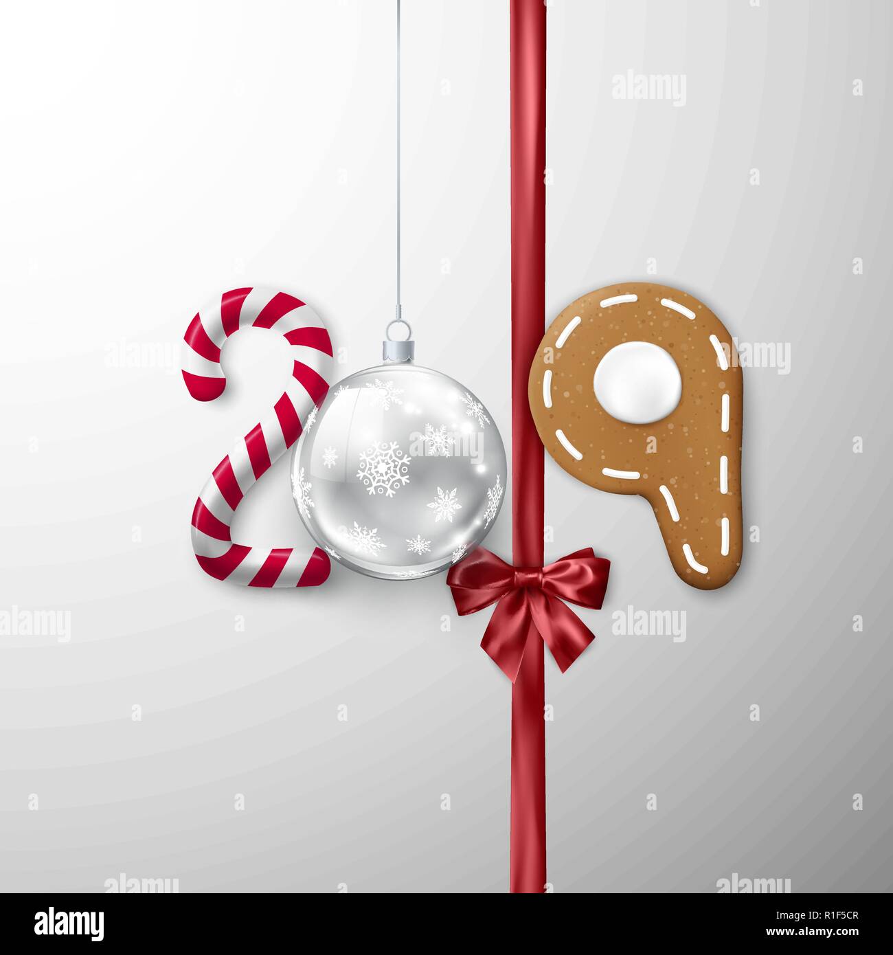 Neues Jahr 2019 Banner. Kreative festliche Schriftzug. Candy und christmas ball Band mit Schleife und Lebkuchen Cookie. Vector Illustration Stock Vektor