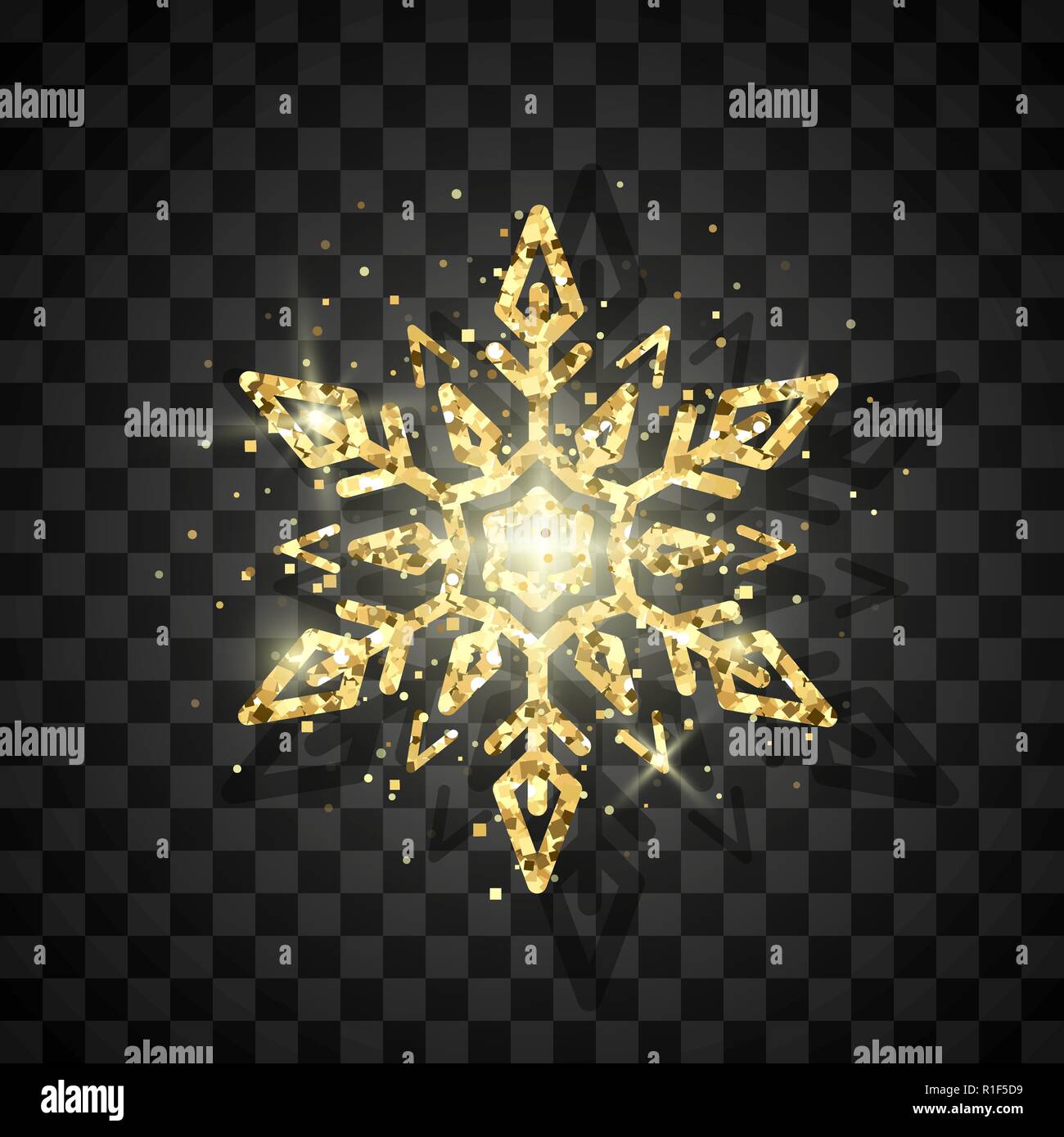 Luxus golden Schneeflockensymbol von Silvester und Weihnachten. Abstrakte Schneeflocke Muster. Vector Illustration isoliert auf transparentem Hintergrund Stock Vektor