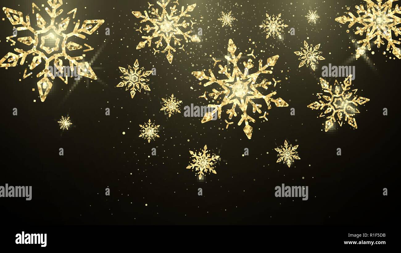 Golden Schneeflocken auf dunklem Hintergrund. Neues Jahr und Weihnachten magic Dekoration Tapete. Holiday Banner oder Poster Hintergrund. Vektor illustra Stock Vektor
