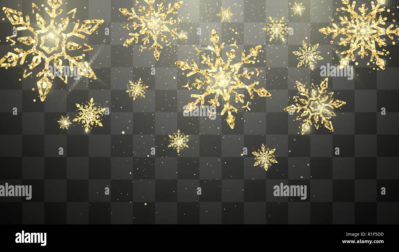 Festliche golden Schneeflocken auf transparentem Hintergrund isoliert. Silvester und Weihnachten magic Dekoration. Urlaub Postkarte. Vector Illustration Stock Vektor