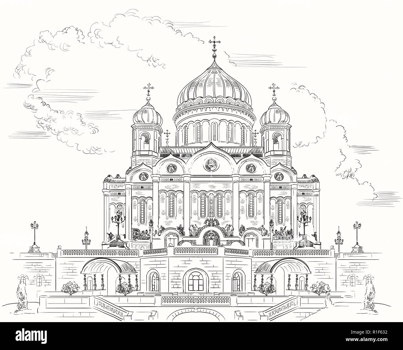 Stadtbild die Christ-Erlöser-Kathedrale (Moskau, Russland) isoliert Vektor hand Zeichnung Illustration in schwarzer Farbe auf weißem Hintergrund Stock Vektor