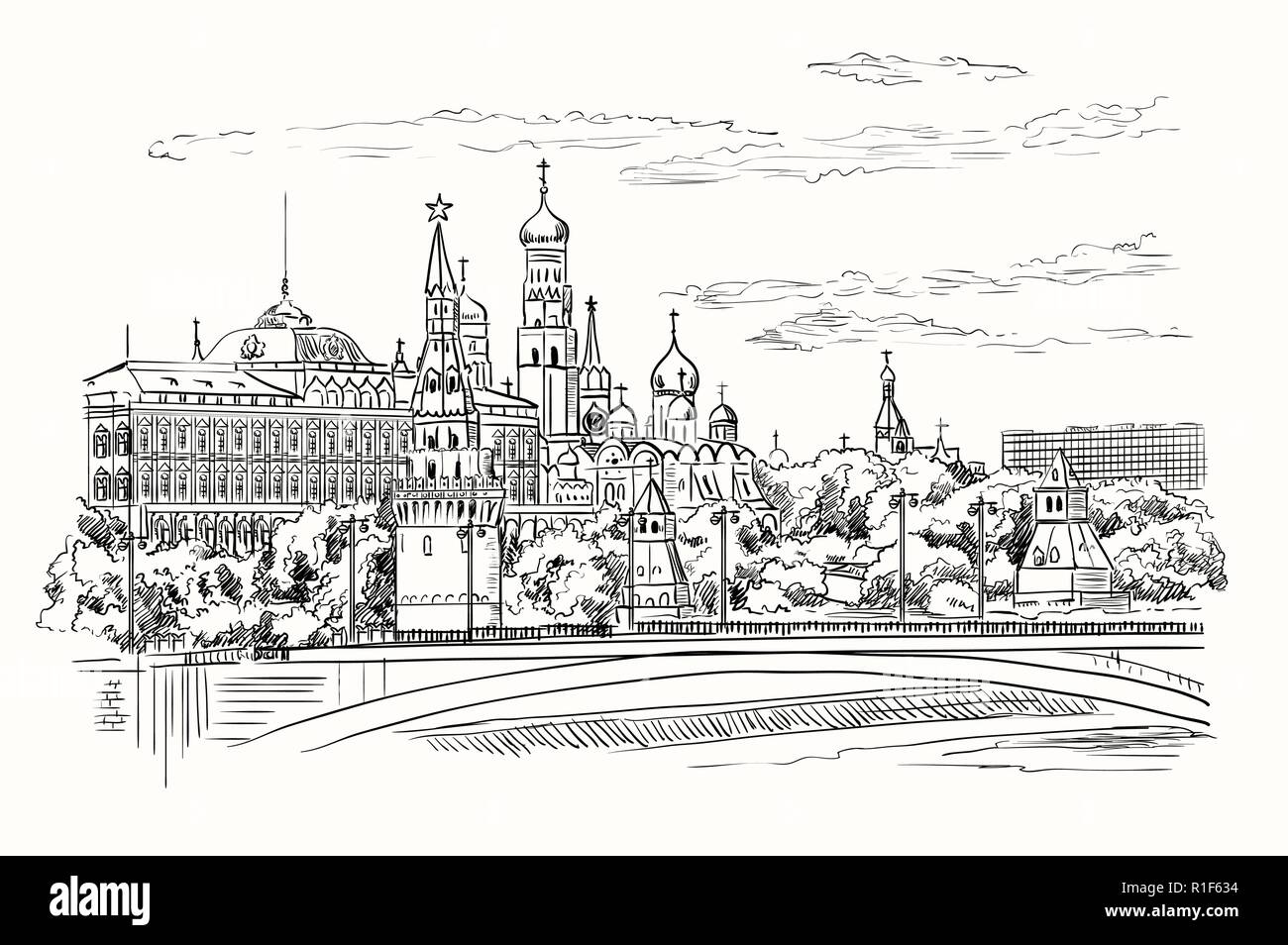 Stadtbild der Damm des Kreml Türme und Brücke über Fluss Moskau (Roter Platz, Moskau, Russland) isolierten Vektor hand Zeichnung Illustration in Bla Stock Vektor