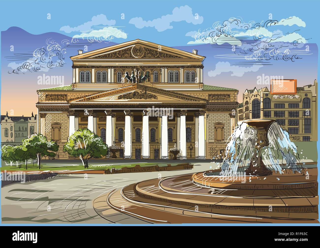 Stadtbild von internationalen Wahrzeichen von Moskau, Russland. Großes Theater. Bunte isoliert Vektor hand Zeichnung Abbildung. Stock Vektor
