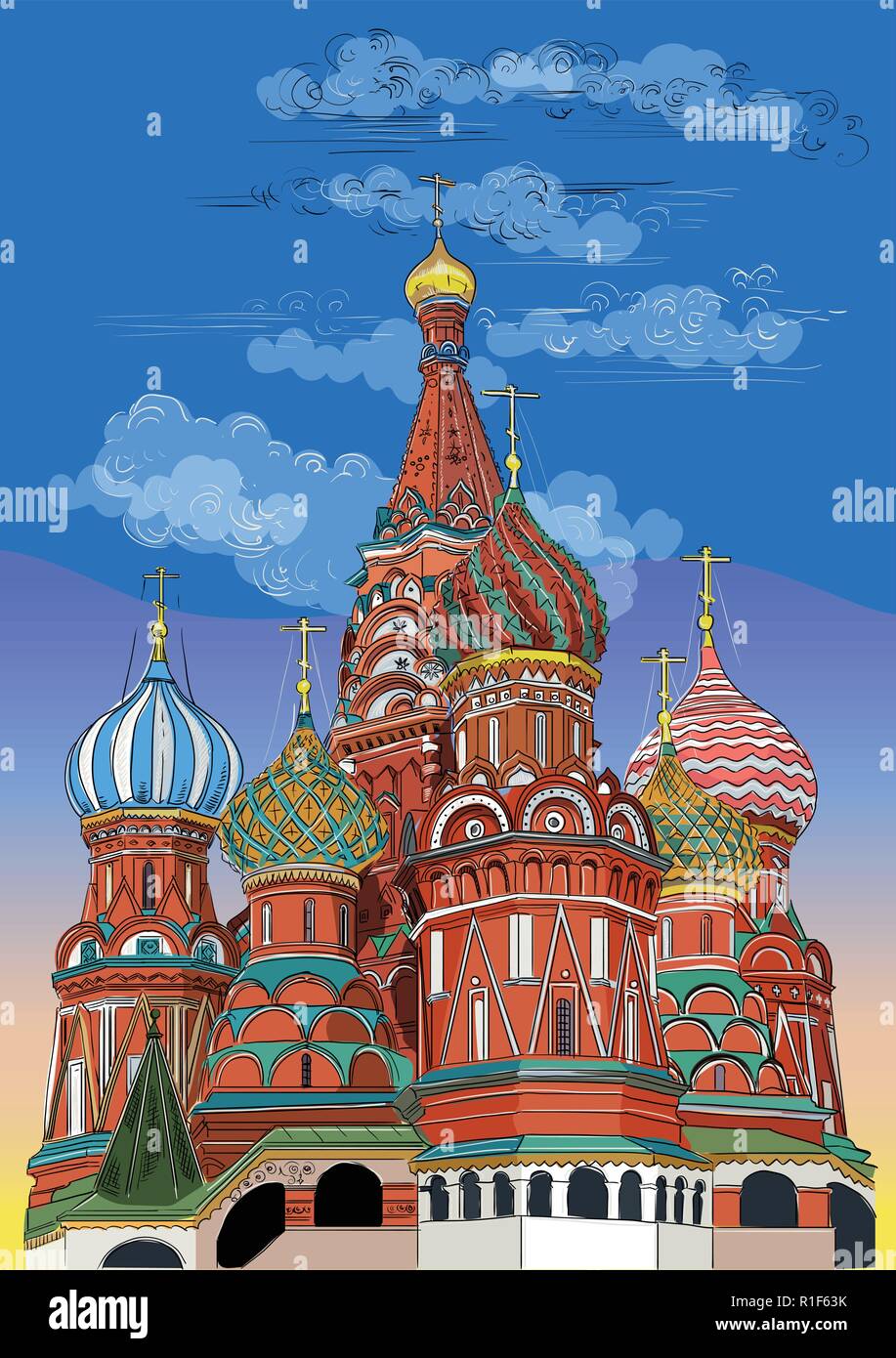 St. Basils Kathedrale des Kreml (Moskau, Russland). Bunte isoliert Vektor hand Zeichnung Abbildung. Stock Vektor