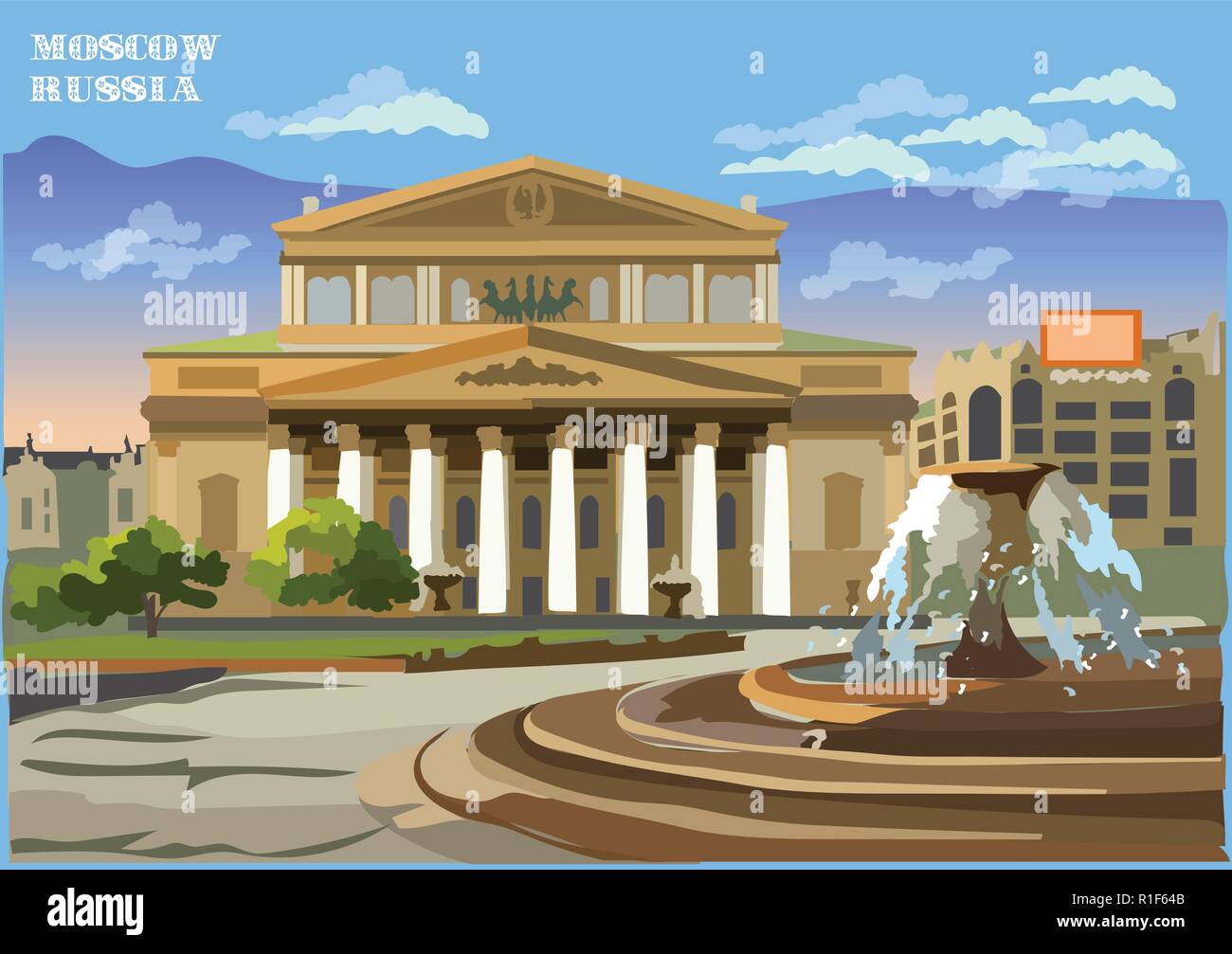 Stadtbild von internationalen Wahrzeichen von Moskau, Russland. Großes Theater isoliert Vector Illustration in verschiedenen Farben. Stock Vektor