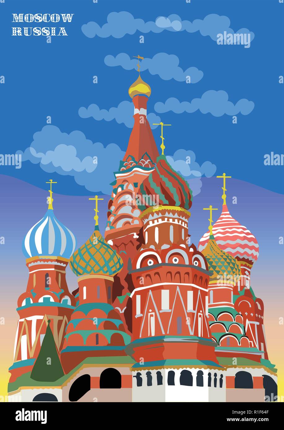St. Basils Kathedrale des Kreml (Moskau, Russland) isoliert Vector Illustration in verschiedenen Farben auf blauem Hintergrund Stock Vektor
