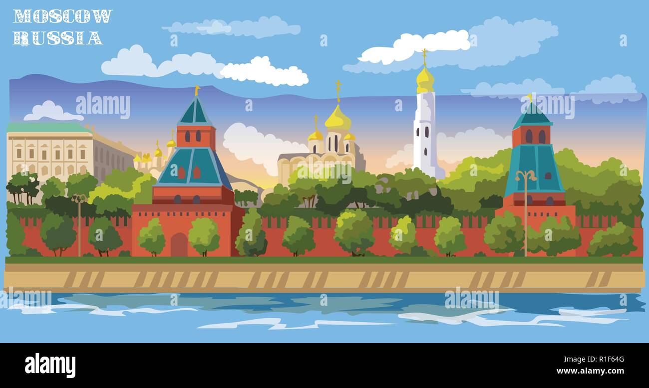 Stadtbild der Damm des Kreml Türme (Internationale Sehenswürdigkeiten Roter Platz, Moskau, Russland). Bunte vektor Illustration. Stock Vektor
