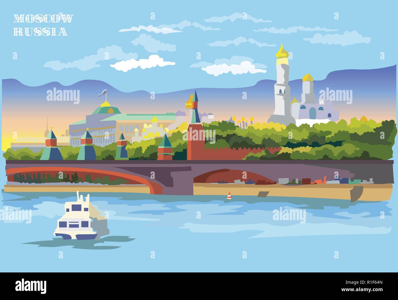 Stadtbild der Damm des Kreml Türme und Brücke über Fluss Moskau (International Sehenswürdigkeiten Roter Platz, Moskau, Russland). Bunte Vektor illustr Stock Vektor