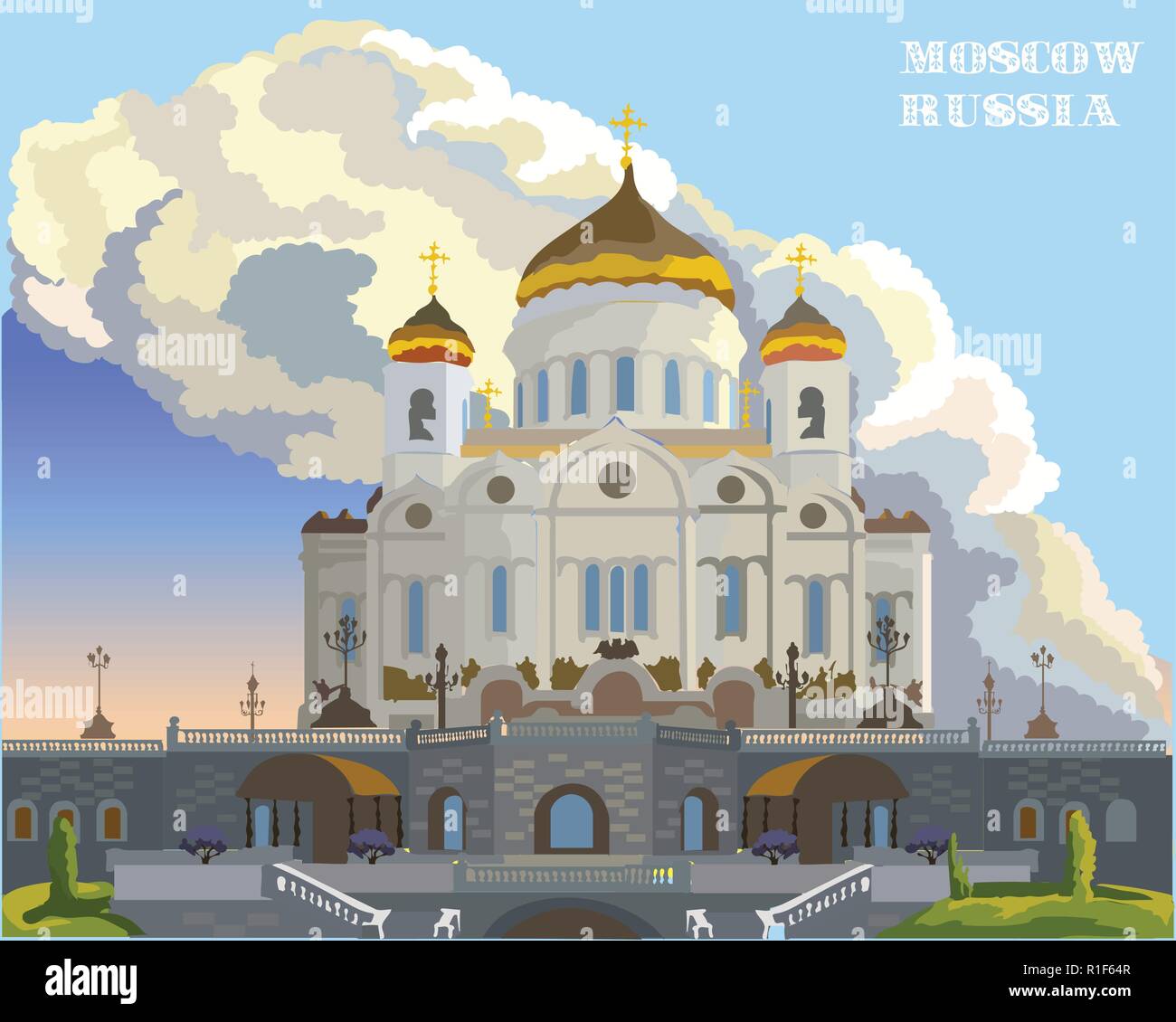 Stadtbild die Christ-Erlöser-Kathedrale (Moskau, Russland) Bunte isoliert Vector Illustration. Stock Vektor