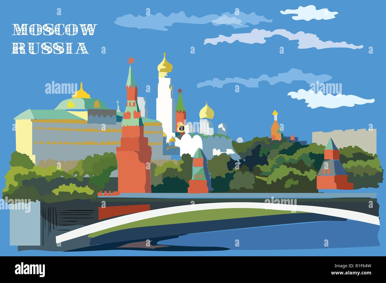 Stadtbild der Damm des Kreml Türme und Brücke über Fluss Moskau (International Sehenswürdigkeiten Roter Platz, Moskau, Russland). Bunte Vektor illustr Stock Vektor