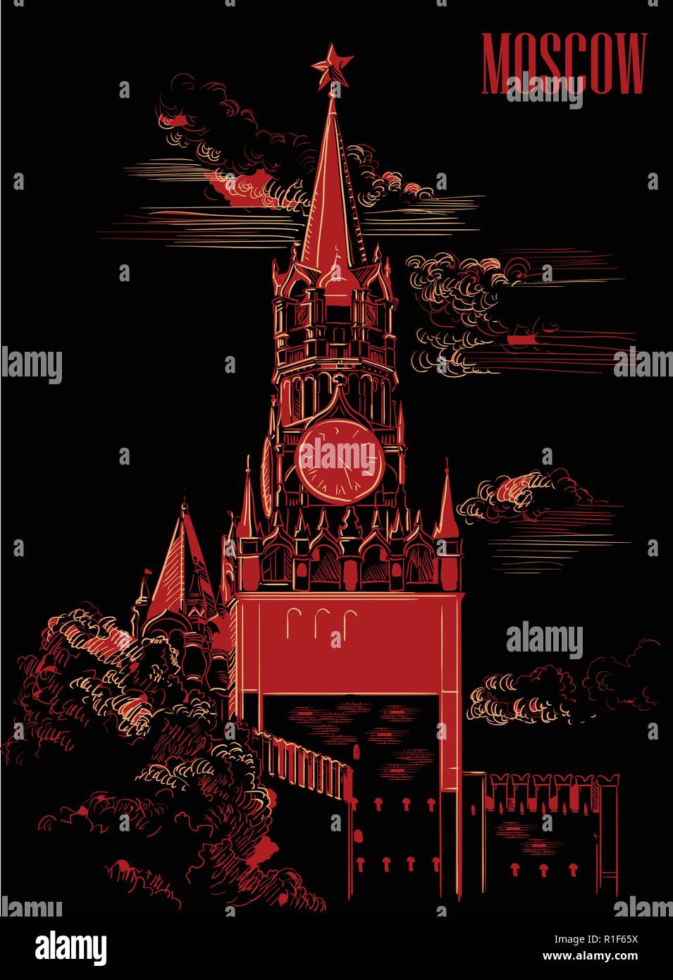 Stadtbild der Kreml Spasskaja Turm (Roter Platz, Moskau, Russland) isolierten Vektor hand Zeichnung Abbildung in rot und beige Farben auf Schwarz backgroun Stock Vektor