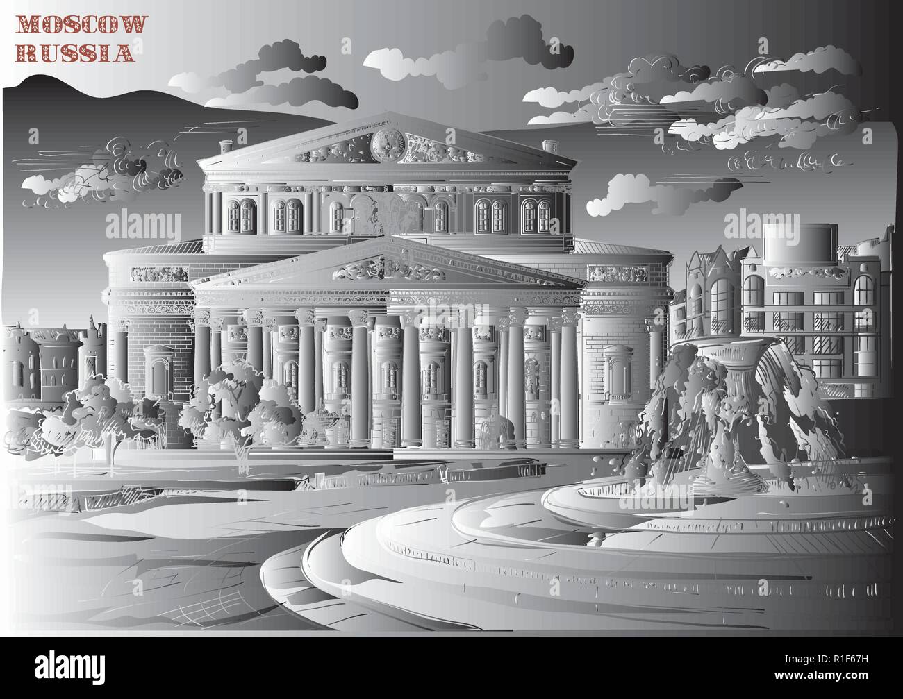 Stadtbild von internationalen Wahrzeichen von Moskau, Russland. Großes Theater isoliert Vektor hand Zeichnung Abbildung in schwarz und weiß die Farbverläufe Stock Vektor