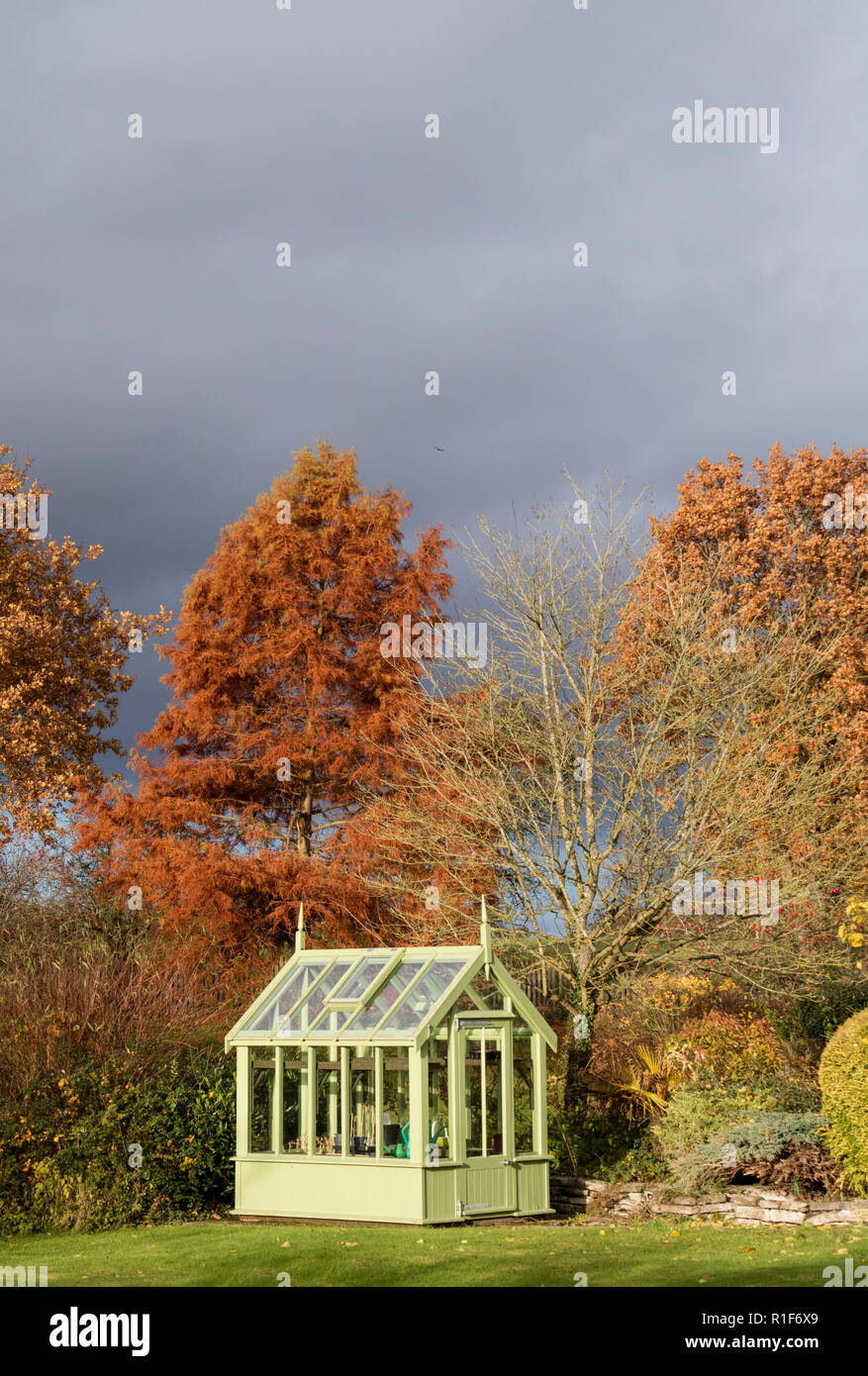 Ein grünes Haus im Herbst Garten, England, Großbritannien Stockfoto