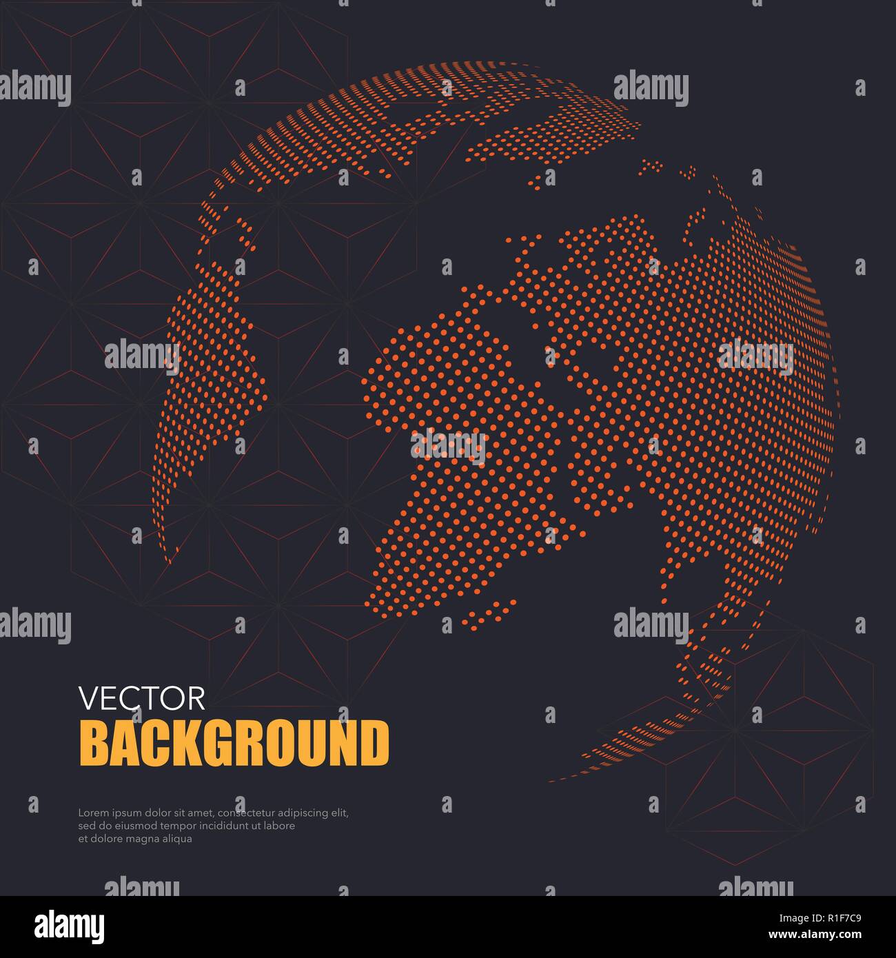 Der dunkle Hintergrund mit orange gepunktete Weltkarte mit Mustertext Stock Vektor