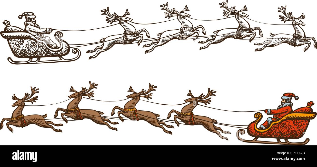 Santa Claus ist Reiten in einem Pferdeschlitten. Weihnachten, Feier Konzept. Vintage Vektor-illustration Skizze Stock Vektor