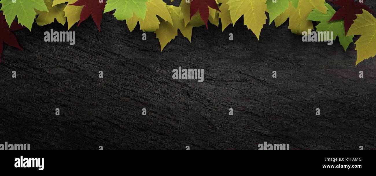 Laub auf dunklem Schiefer Hintergrund. Bunte Blätter im Herbst gefallen. 3D-Rendering Stockfoto