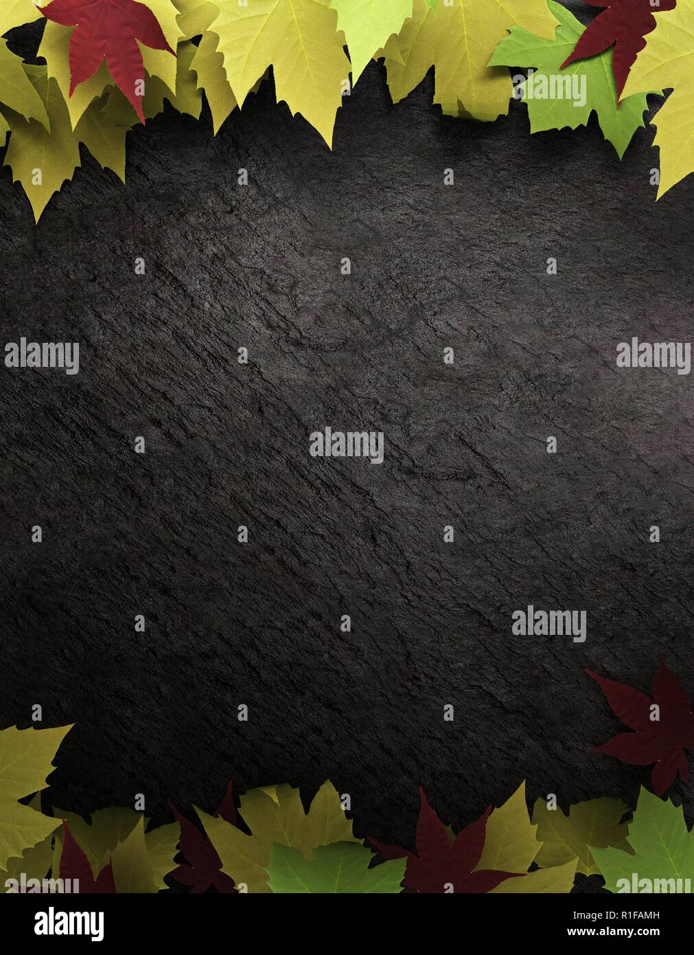 Laub auf dunklem Schiefer Hintergrund. Bunte Blätter im Herbst gefallen. 3D-Rendering Stockfoto