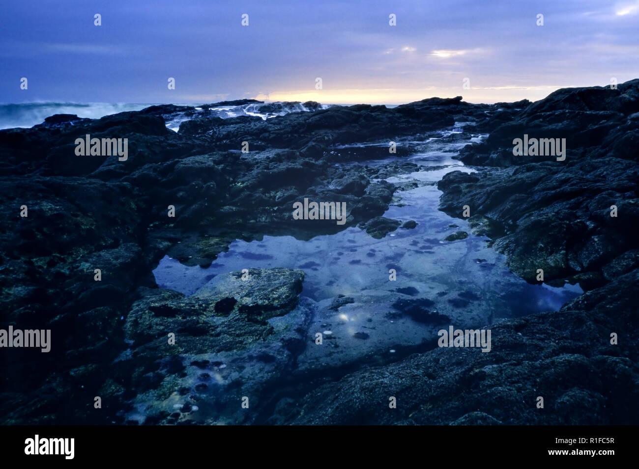 Lange Belichtung in einem portugiesischen felsigen Strand in der Abenddämmerung. Analog: 35-mm-Dia Film. Stockfoto