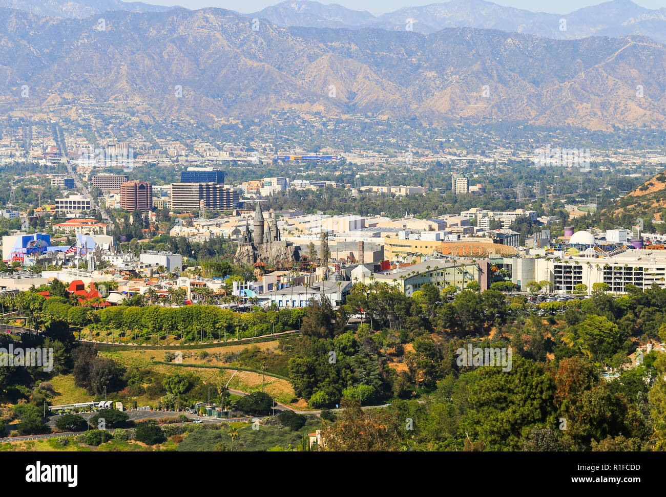 Los Angeles, Kalifornien, USA - 28. Mai 2017: Sicht auf die Universal Studios in Los Angeles. Am Mulholland Drive erfasst. Stockfoto