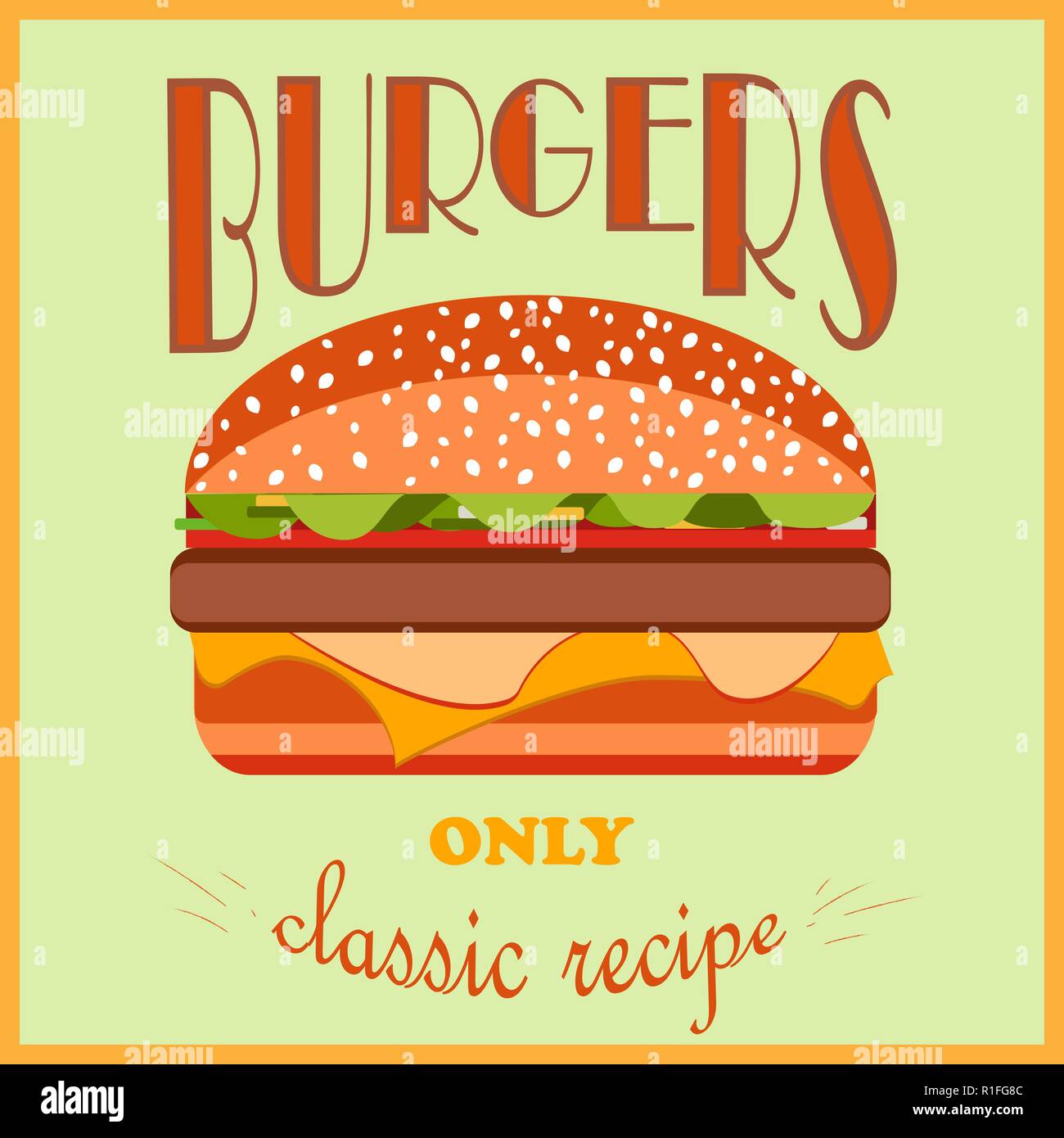 Retro Style Poster. Burger Werbung. Nur ein klassisches Rezept. Vector Illustration. Stock Vektor