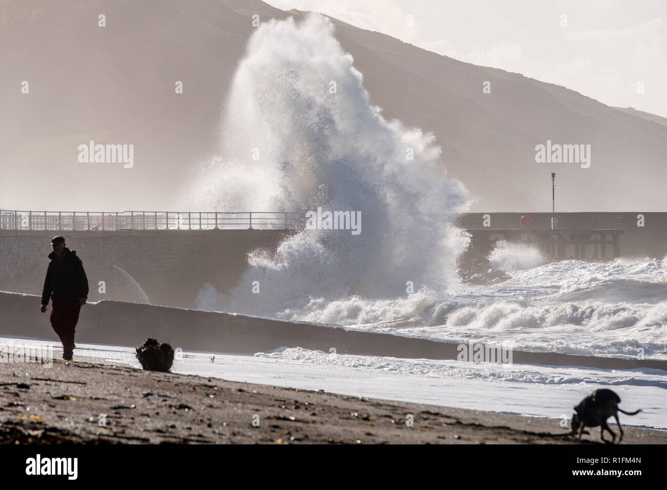 Aberystwyth Wales, UK. 12 Nov, 2018. UK Wetter: Es ist eine stürmische wild, aber erstaunlich sonnig, morgen auf Aberystwyth Wales, mit starken Winde, die auf über 30 mph und Flut Kombination von riesigen Wellen ins Meer Abwehr rund um die Promenade und den Hafen Photo Credit: Keith Morris/Alamy leben Nachrichten Stockfoto