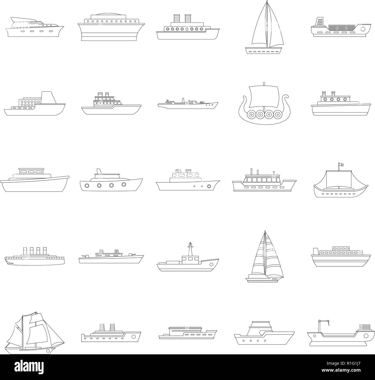 Marine Schiffe Arten Symbole gesetzt. Überblick Abbildung: 25 Marine Schiff vom Typ Vector Icons für Web Stock Vektor