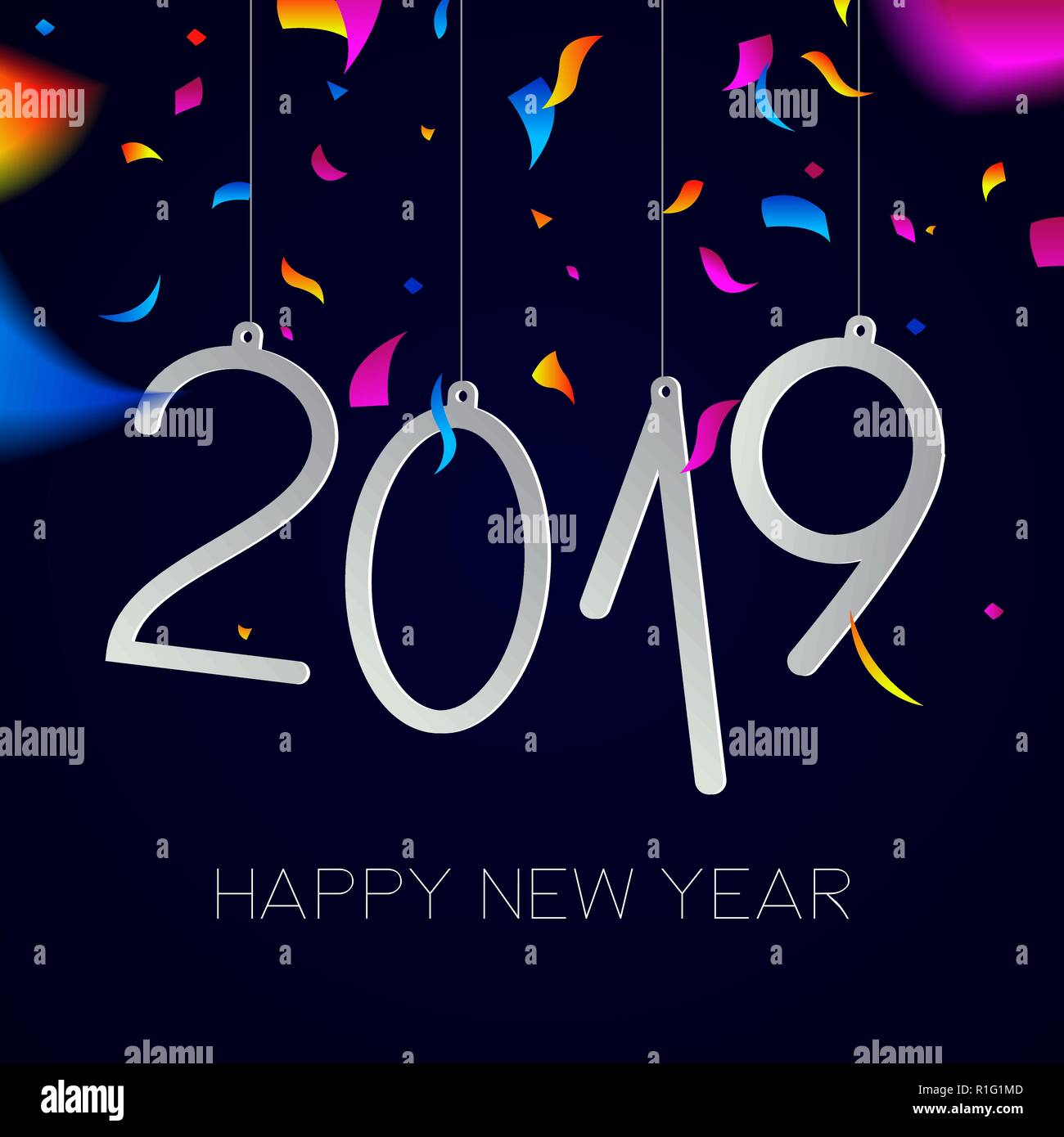 Frohes Neues Jahr 2019 Grußkarte Abbildung mit Urlaub Angebot und Party Konfetti Explosion. Stock Vektor