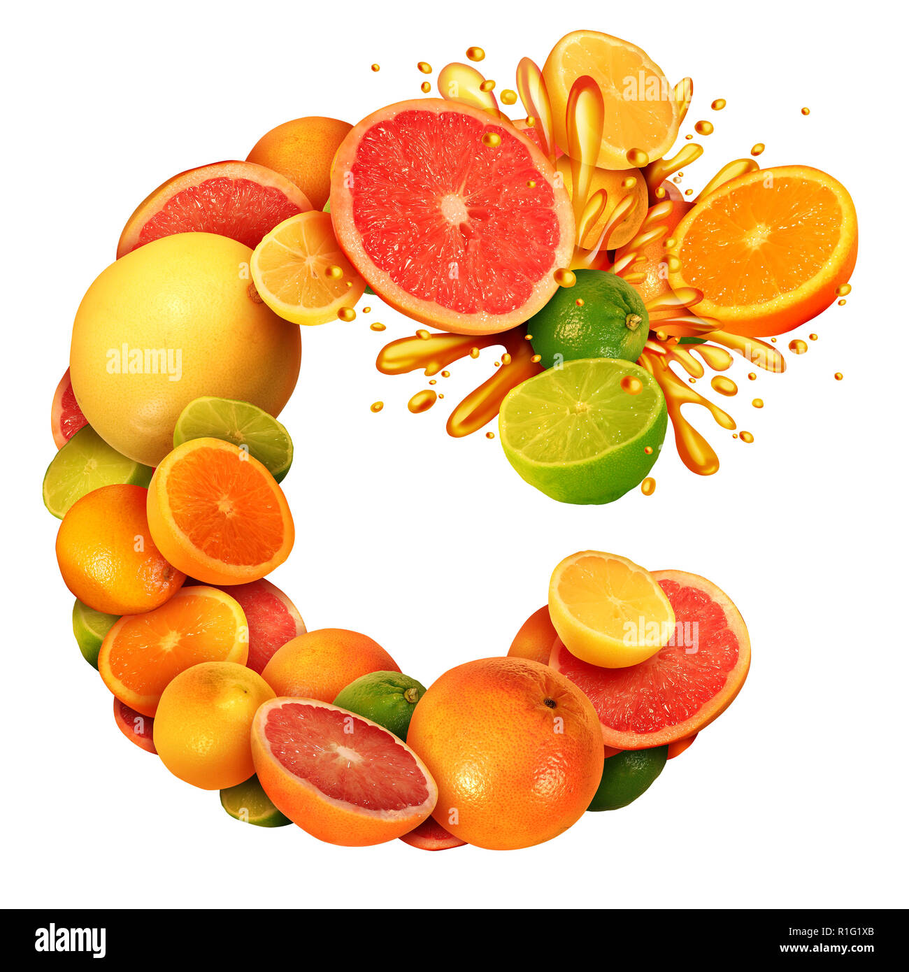 Vitamin C als Citrus text Konzept, wie eine Gruppe von Obst mit Orangen Zitronen Limonen Mandarinen und Grapefruits als Symbol für gesunde Ernährung. Stockfoto