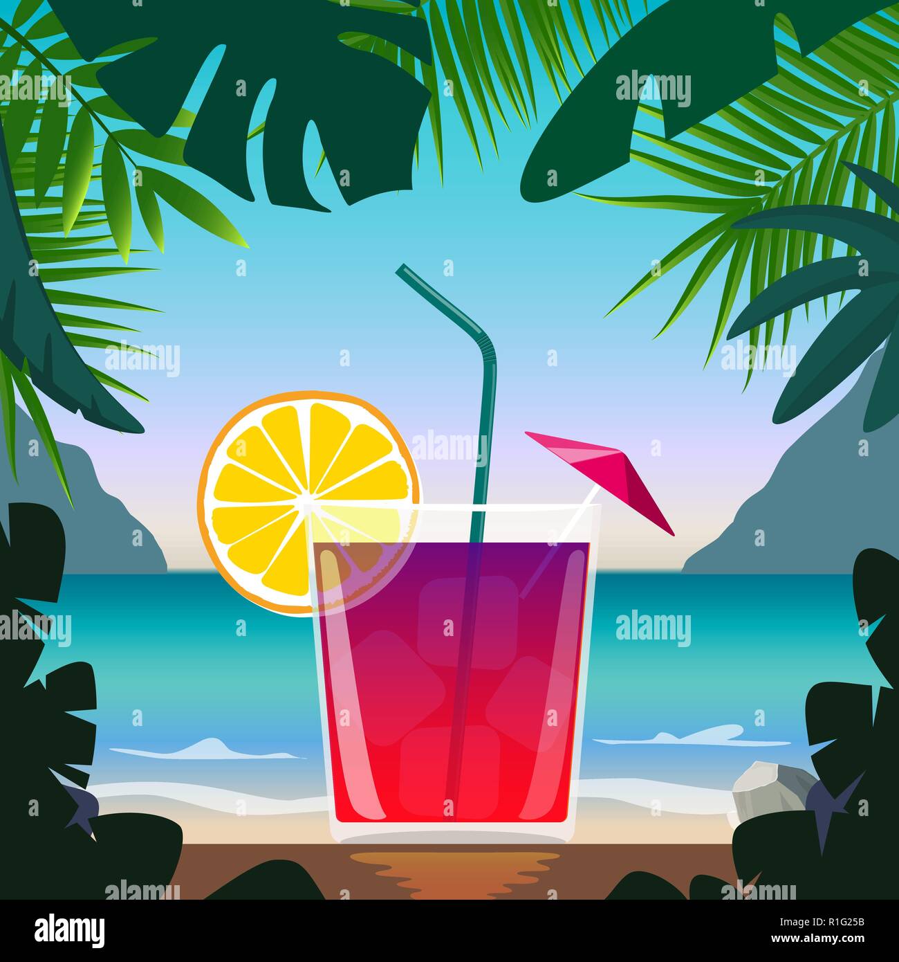 Exotische Cocktails in der Beach Bar am Meer. Cocktail mit Stroh, Zitrone Keil und Sonnenschirm, von tropischen Blättern umgeben. Sommer Urlaub Konzept. Strand Stock Vektor