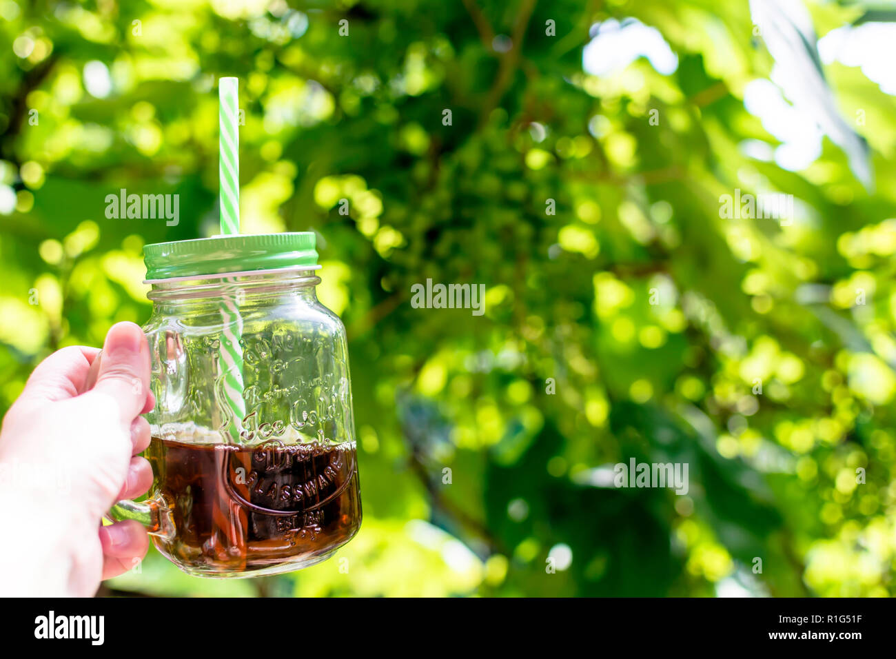Hand mit einem Glas Becher kalten Tee mit Stroh gegen grüne vined Hintergrund. Sonnigen Sommer Hintergrund Konzept. Stockfoto