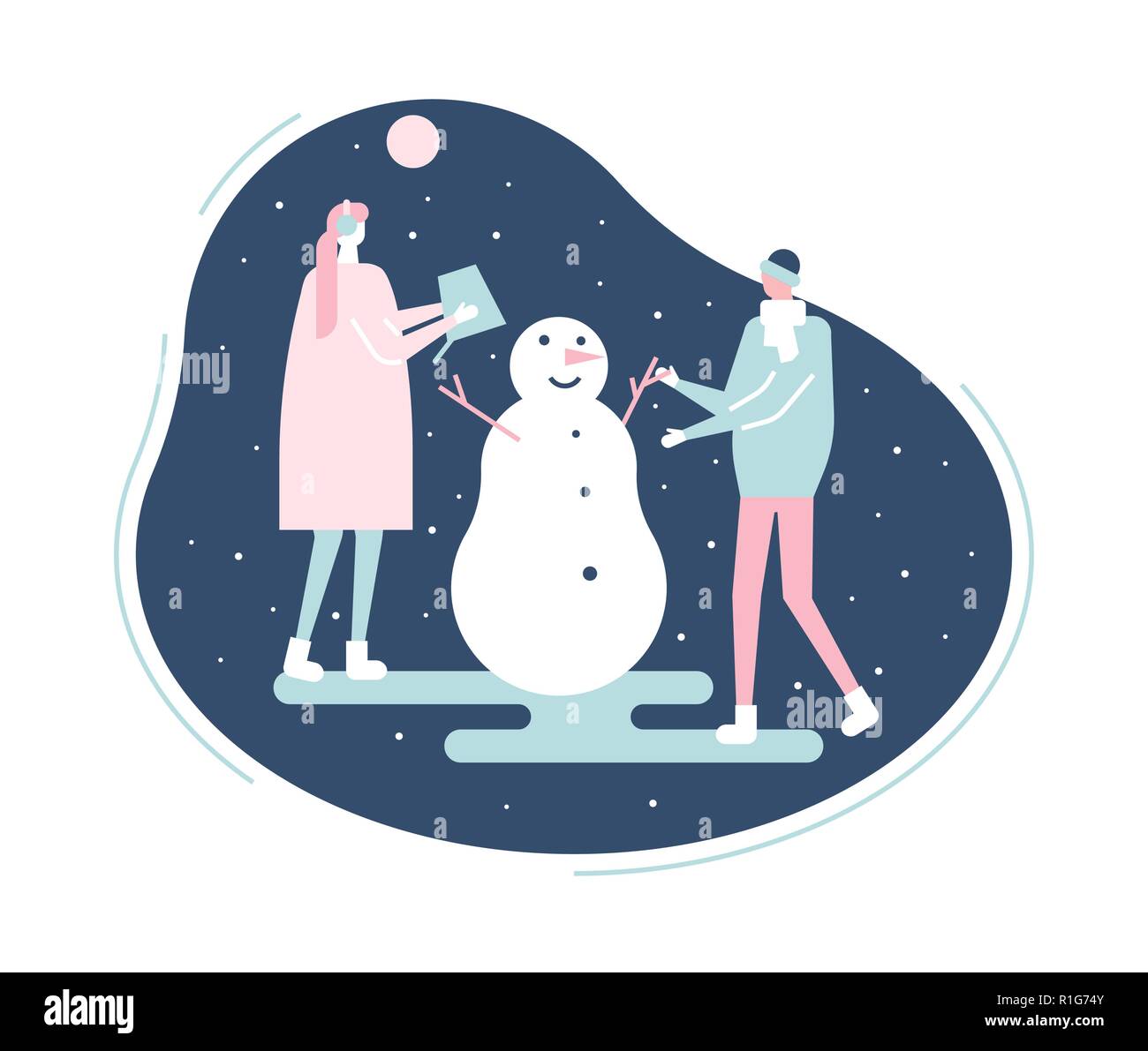 Menschen einen Schneemann bauen - flaches Design Illustration Stock Vektor