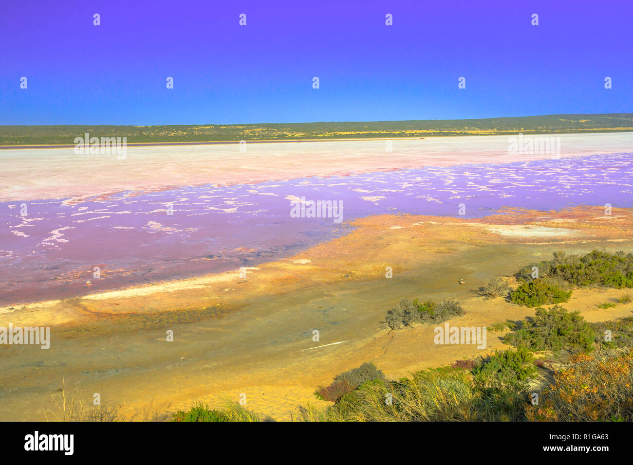 Luftaufnahme von Rosa See Aussichtspunkt von Salt Lake in Port Gregory, Western Australia. Hutt Lagoon ist rosa Farbe, die für die Präsenz von Algen. Beliebte Attraktion in Australien. Kopieren Sie Platz. Stockfoto