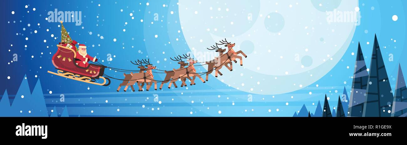 Santa claus Fliegen im Schlitten mit Rentieren Nachthimmel über Mond frohe Weihnachten Frohes neues Jahr horizontale banner Winterurlaub Konzept flach Stock Vektor